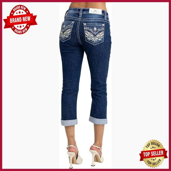 Mid-Rise Capri Jeans with Wing Embellishments Faux Flap Pockets Cuffed Hem